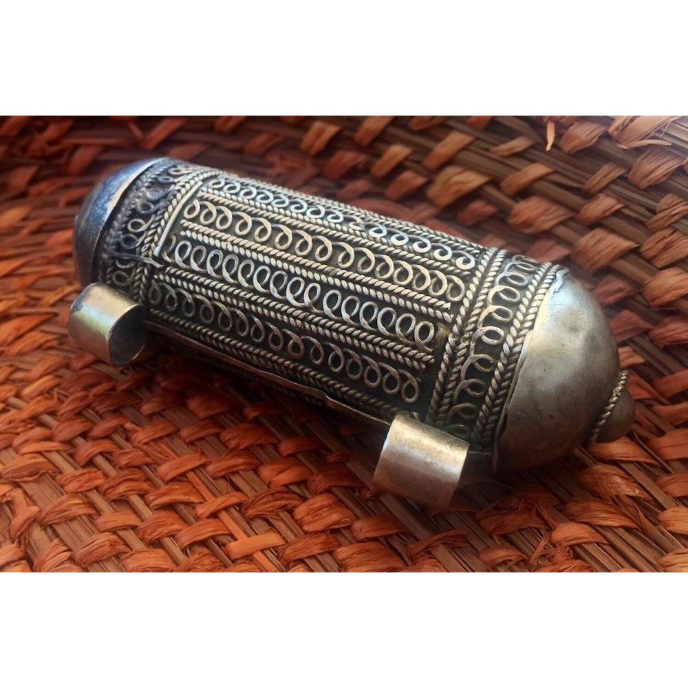 Old Yemeni Bedouin Silver Decorated Capsule Pendant with Bails