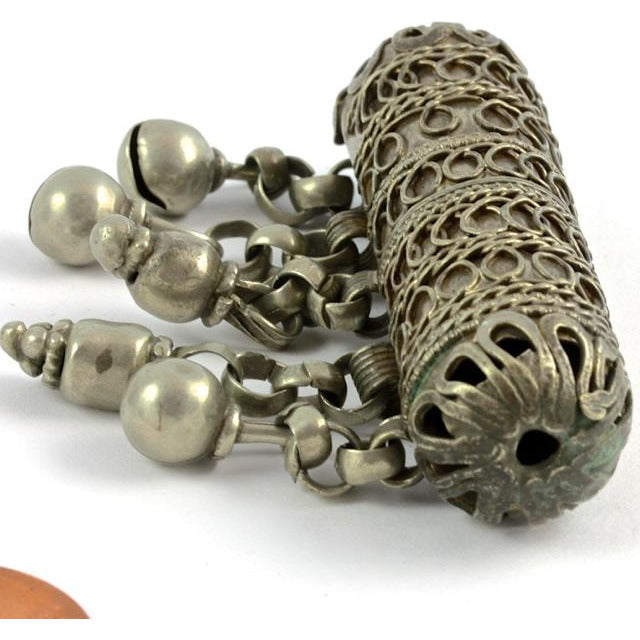 Yemeni Silver Decorated Capsule Pendant with Dangles - P576