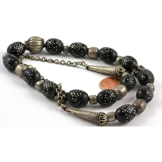 Necklace, Old Black Coral Beads with Silver Inlay, Yemen - C459