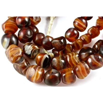 Carved Brown and White Striped Agate beads, vintage or old, African Trade
