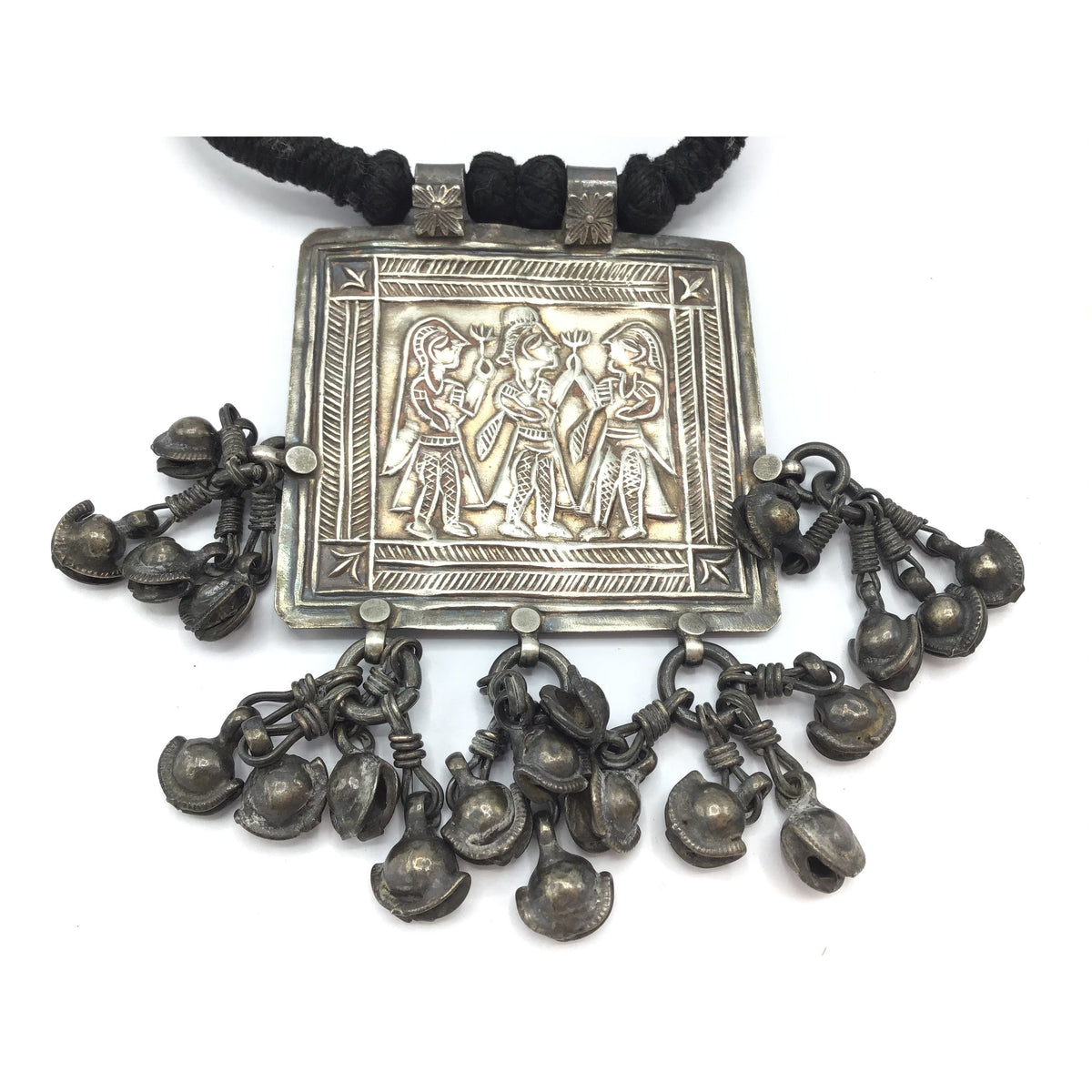 Ethnic Silver Choker / Short Necklace with Large Indian Amulet on Black Cord with Closure - Rita Okrent Collection (NE800)