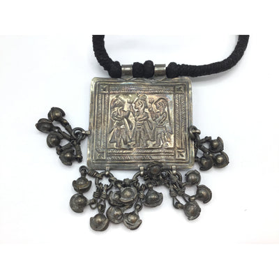 Ethnic Silver Choker / Short Necklace with Large Indian Amulet on Black Cord with Closure - Rita Okrent Collection (NE800)