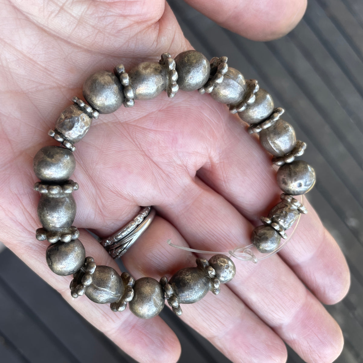 Vintage Yemeni Silver Beads Round and Tube with Granulated Ends, Short Strand - Rita Okrent Collection (ANT560)