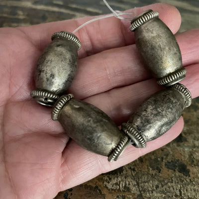 Matched Yemeni Silver Barrel Beads, with Decorative Collars, Set of 4 - Rita Okrent Collection (ANT517)