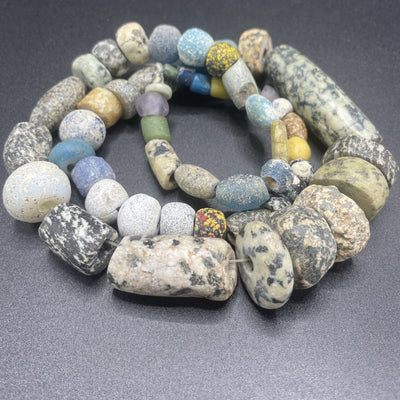 Ancient Granite and Islamic Glass Beads with Mixed Antique Beads, Mali - Rita Okrent Collection (S542)