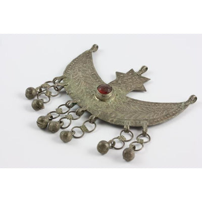 Traditional Bedouin Tribal Crescent Star Pendant, with Lovely Etching and Red Glass - Rita Okrent Collection (P597)