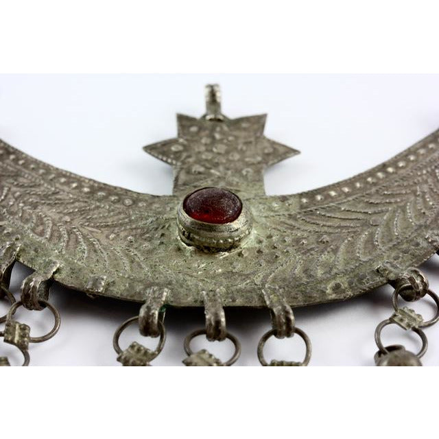 Traditional Bedouin Tribal Crescent Star Pendant, with Lovely Etching and Red Glass - Rita Okrent Collection (P597)