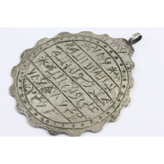 Old Etched Silver Amulet, with Writing and Scalloped Edges - P703