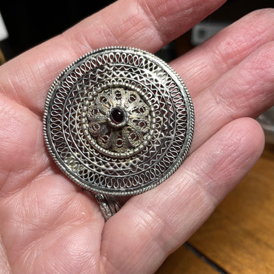 Ethnic Yemeni Silver Round Filigree Brooch Pendant with Glass Setting - Rita Okrent Collection (P551)
