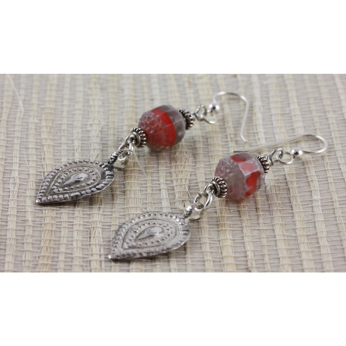 Bohemian Glass Drop Earrings with Berber Silver Decorated Teardrops - E300