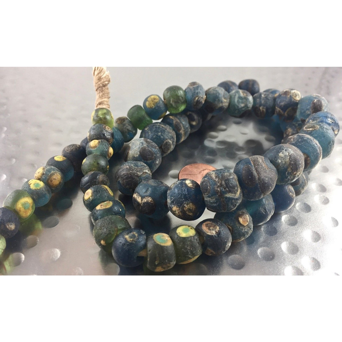 Blue and Green Ancient Islamic Glass Eye Beads, Strand of 58 beads, Mal