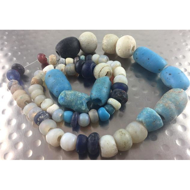 Opalescent Dutch Moon Beads and Mixed Antique European Light Blue and Dark Blue Glass Beads, Mali - AT0676