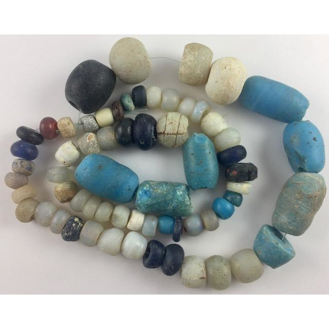 Opalescent Dutch Moon Beads and Mixed Antique European Light Blue and Dark Blue Glass Beads, Mali - AT0676