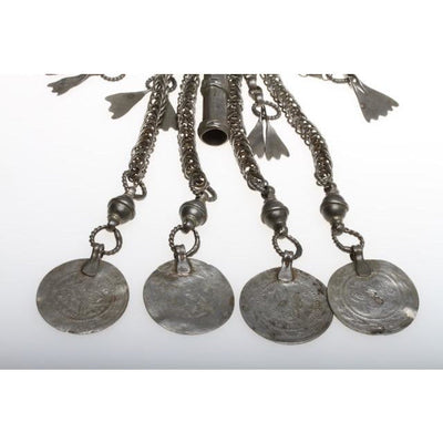 Palestinian Bedouin Silver Temporal Pendant with Hanging Hamsas and Coins - Rita Okrent Collection (C803b)