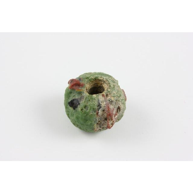 Green Ancient Glass Bead, with Red and Black Decoration, Egypt 