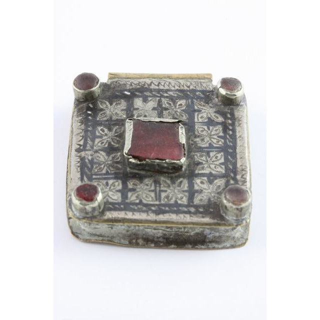 Antique Niello and Silver Kitab Amulet with Red Glass