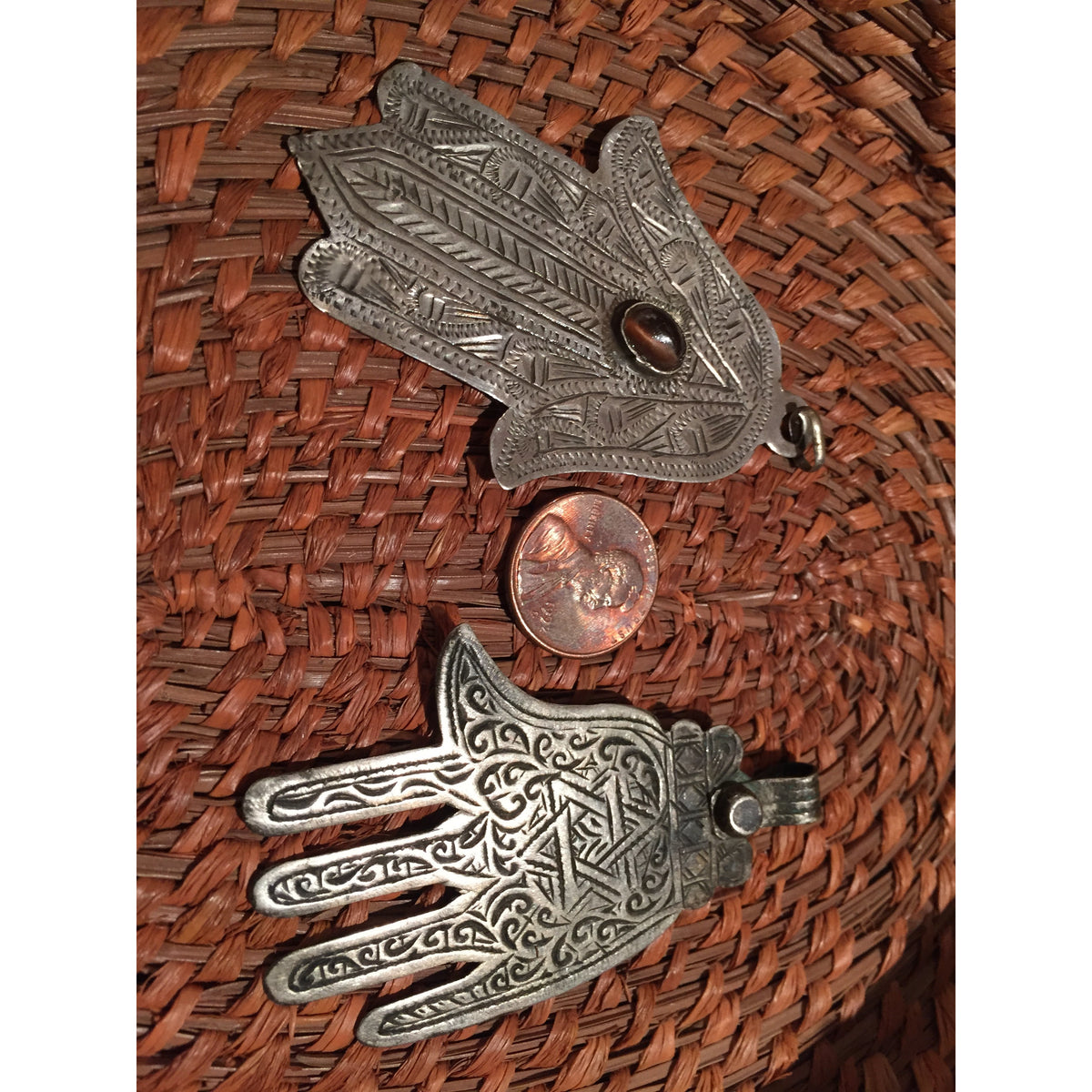 Moroccan 1925 Hallmarked Silver Etched Hamsa with Inset Stone - P557