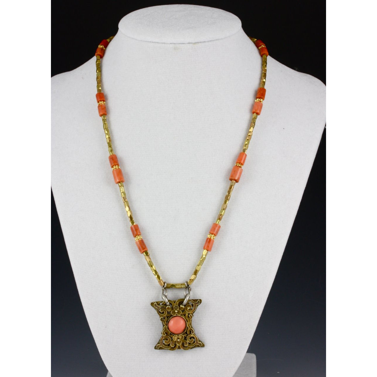 Antique Yemeni Coral Necklace wtih Antique Brass Tibetan Pendant