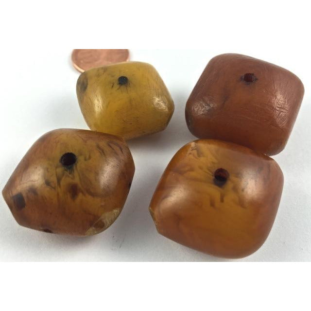 Mauritanian Phenolic Resin Caramel and Yellow Amber Diamond Shaped Double Drilled Beads, Group of 4 - C438