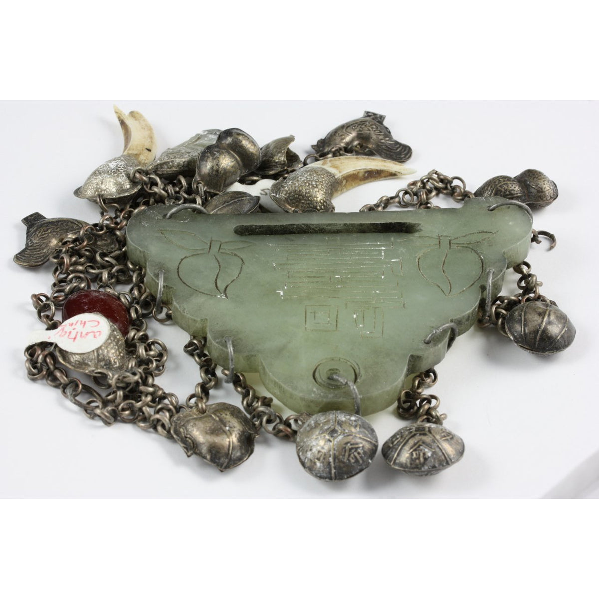 Antique Ethnic Chinese Silver and Jade Necklace 