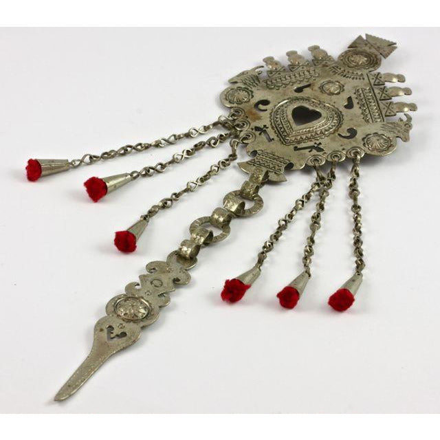 Long Silver Hanging Pendant with Red Yarn Dangles  - P108