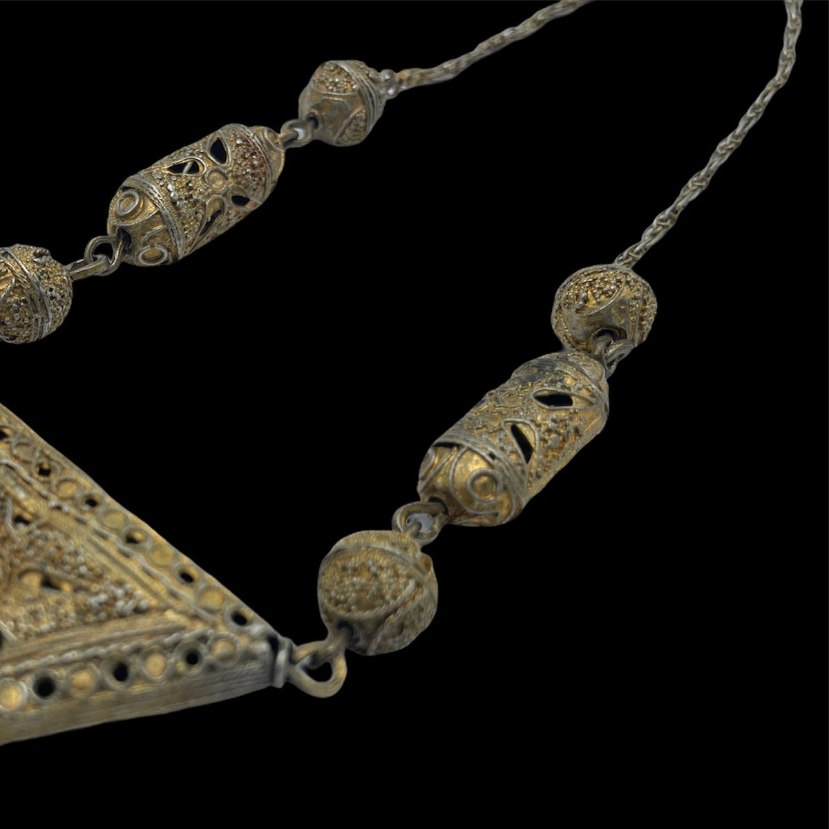 Gilded Silver Necklace with Triangular Pendant and Detailed Silver Work, Senegal or Mauritania - Rita Okrent Collection (NE393)