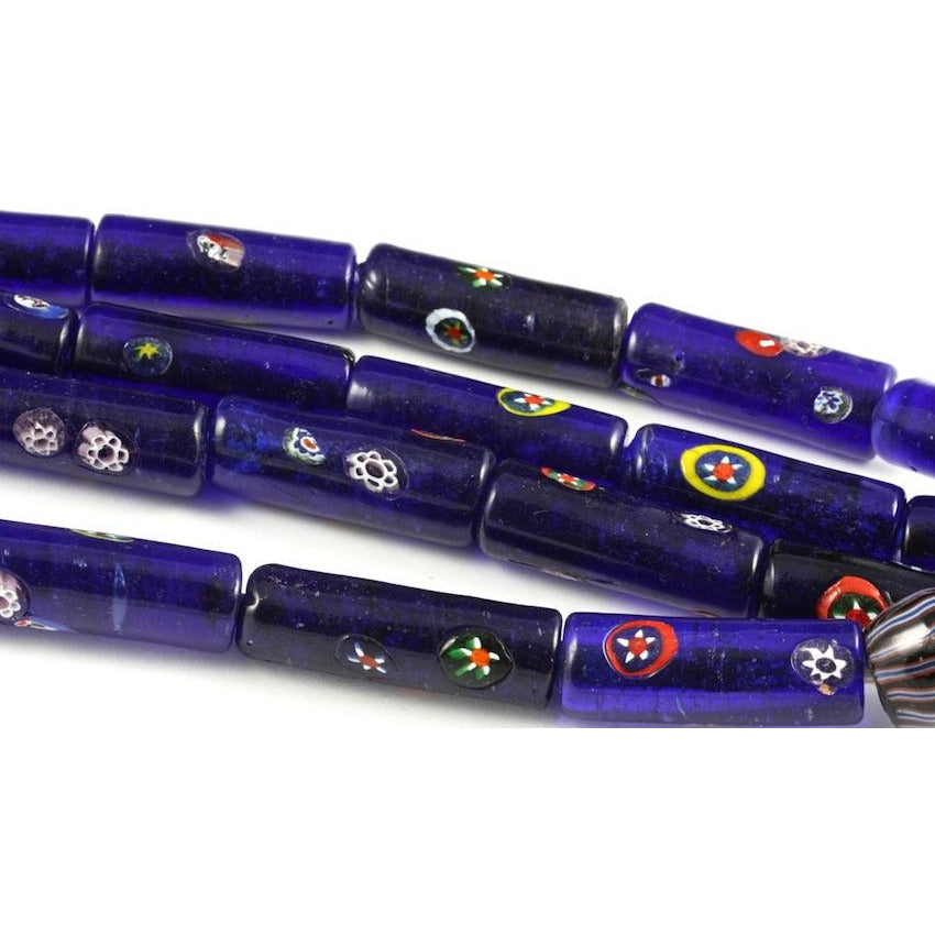 Cobalt Blue Glass Cylinder Beads with Millefiori Flowers