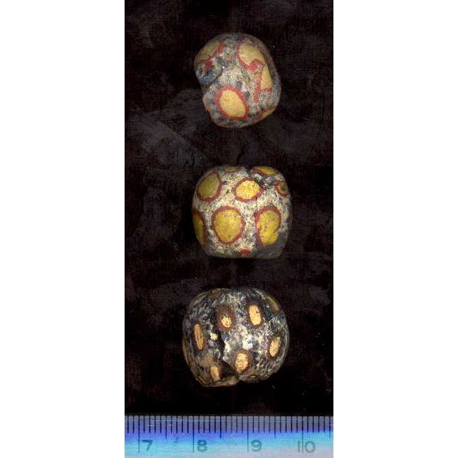 Ancient Glass Jatim Bead, White with Black Markings and Large Yellow Designs, Java, Indonesia - AG067a