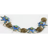 Blue Enameled Turtle and Green Stone Brass Bracelet, Antique 