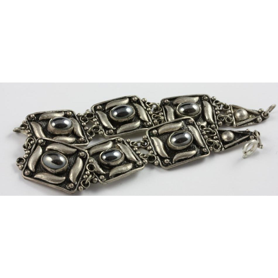 Silver Bracelet with Hematite Stone Settings, 925 Stamped