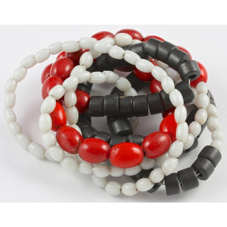 Bohemian Red Pigeon Egg, Black Cylindrical and Small White Glass Beads, Vintage