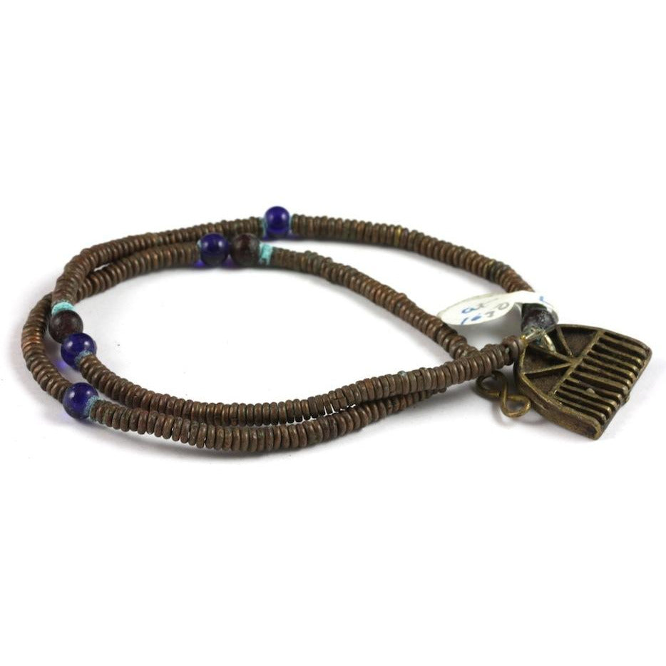 Yoruba necklace with brass spacers, blue glass beads and brass pendant