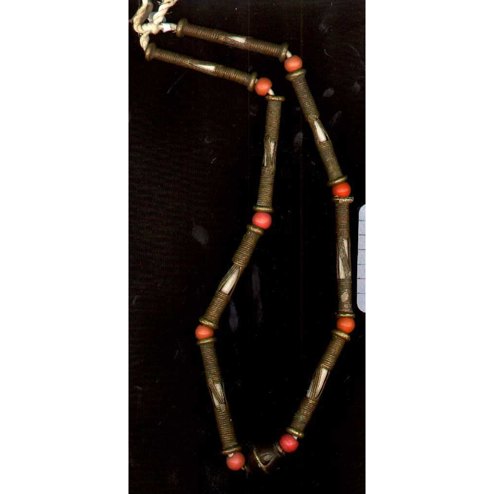 Lost Wax Brass Hair Beads with Coral Prosser Beads, Old, Niger- AT0314