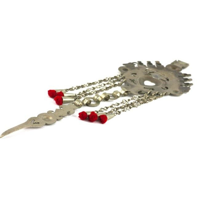Back - Long Silver Hanging Pendant with Red Yarn Dangles  - P108