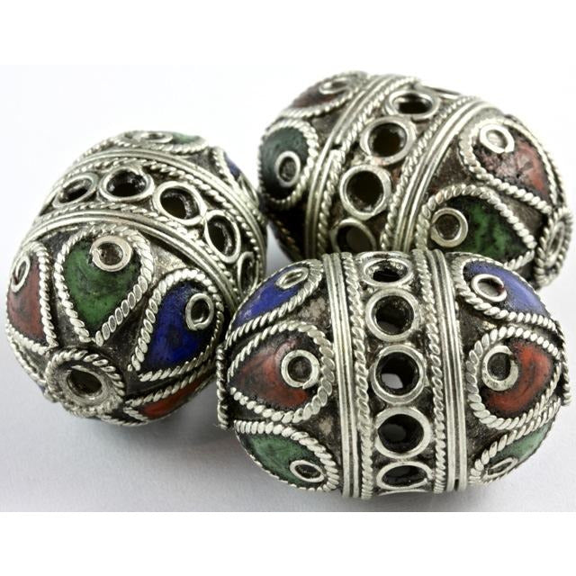 Moroccan Berber Green, Red and Blue Enameled Egg Bead or Pendant