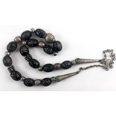 Necklace, Old Black Coral Beads with Silver Inlay, Yemen - C459