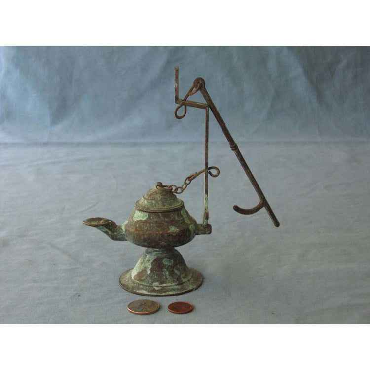 Copper or bronze verdigris oil lamp