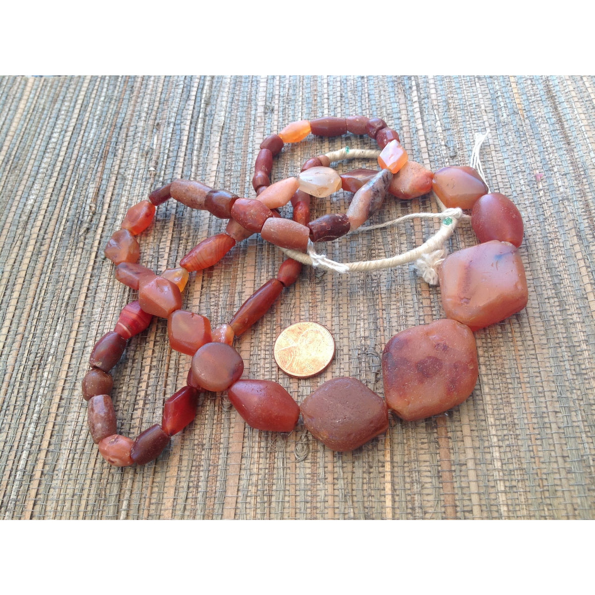 Very Old Carnelian and Agate Mixed Strand of Beads, with Tabular Diamond Shapes, West Africa - S381