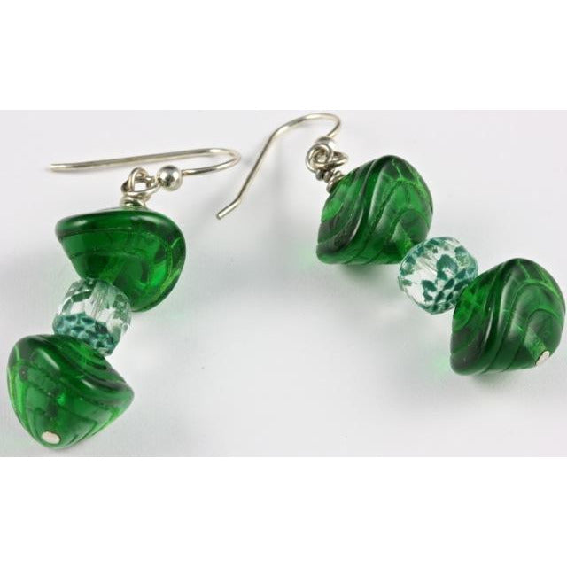 Czech Green Sea Shell Bead Earrings with Czech Cathedral Beads