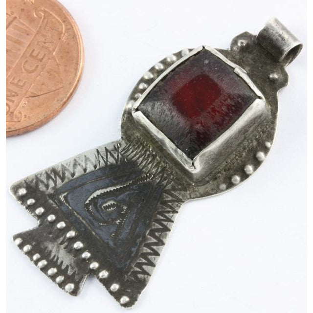 Antique Niello and Silver Goddess Pendant, with Red Glass, Morocco 