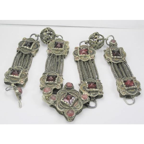 Rural Metal Fibula Chains with Glass Cabachons, Morocco