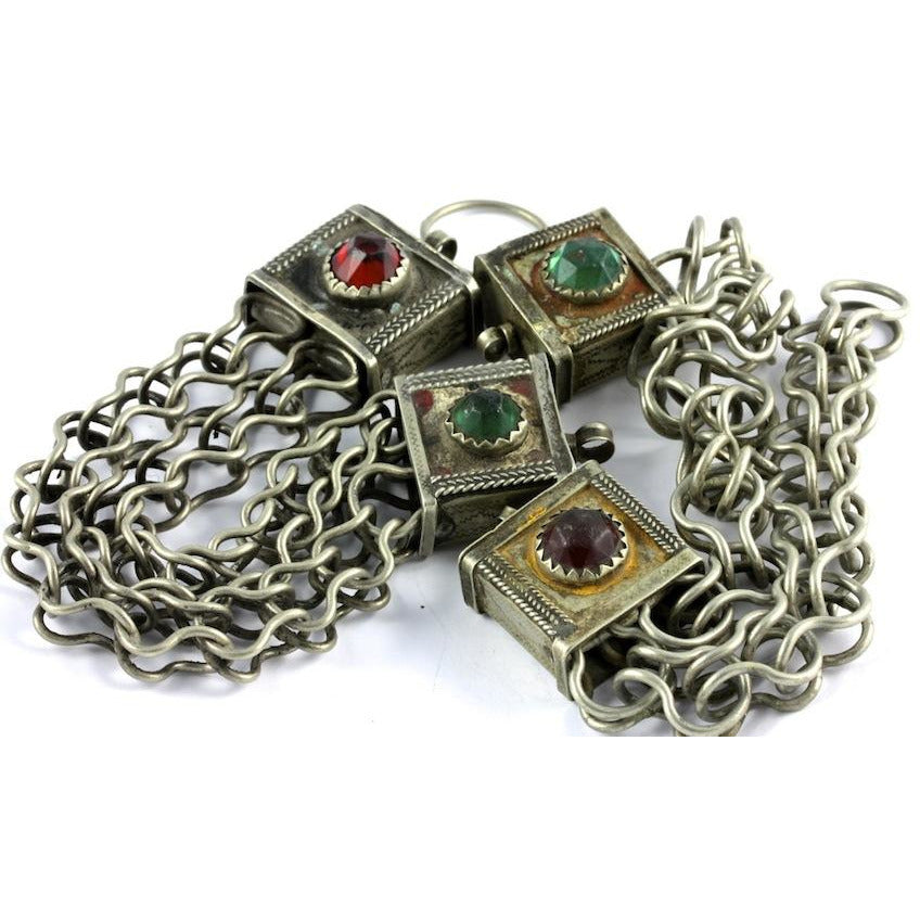 Fibula Chains with Decorative Red and Green Glass Finials, Morocco 