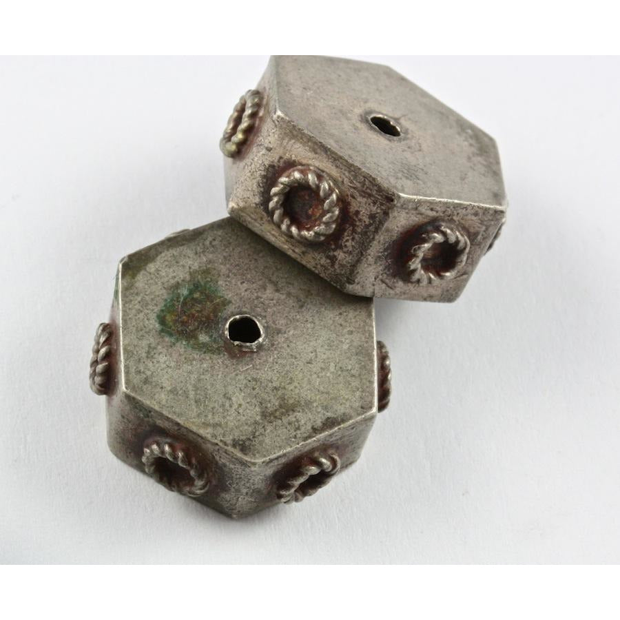 Yemeni silver flat spacer beads, hexagonal, old