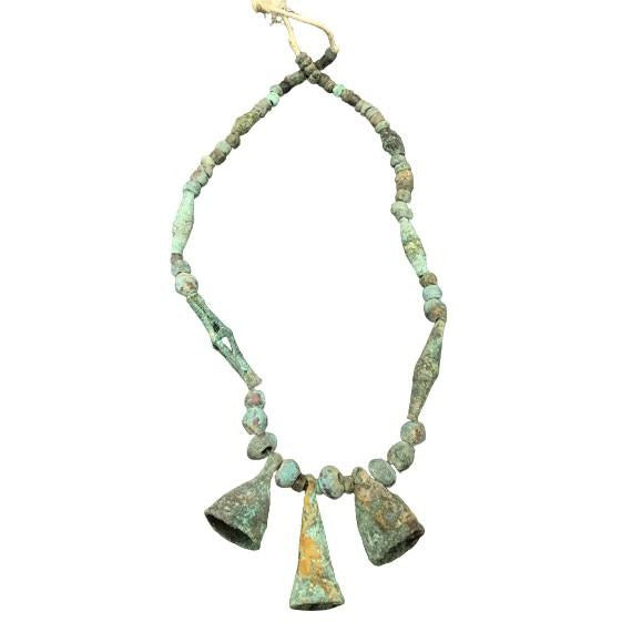 Antique Bronze Bead Necklace with Hanging Bell Pendants and Lots of Patina, Mali - Rita Okrent Collection (C174c)