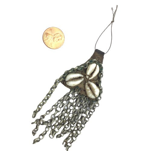 Leather Harratine Gris Gris Protective Amulet, Decorated with Shells and Chain, Morocco - Rita Okrent Collection (P564d)