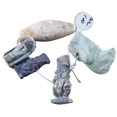 Egyptian Faience and Ceramic Amulet Figures, with Ancient Diamond-Shaped Stone Bead, Cairo - Rita Okrent Collection (AN100b)