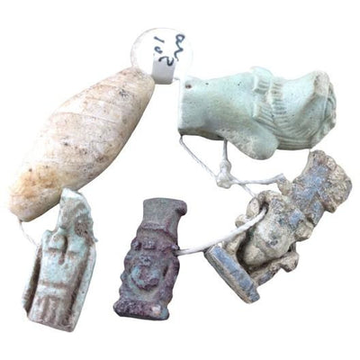 Egyptian Faience and Ceramic Amulet Figures, with Ancient Diamond-Shaped Stone Bead, Cairo - Rita Okrent Collection (AN100b)