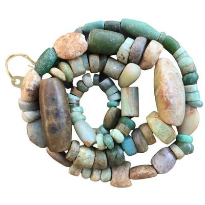 26 inch Strand of Ancient Blue, Green and Brown Amazonite and Serpentine Beads from Mauritania - Rita Okrent Collection (S385)