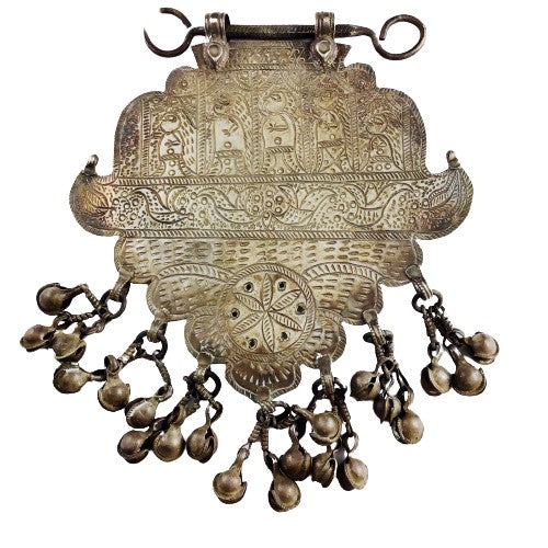 Rare Silver Amulet with Five Etched Figures and Hanging Bells, Northern India - Rita Okrent Collection (C680)