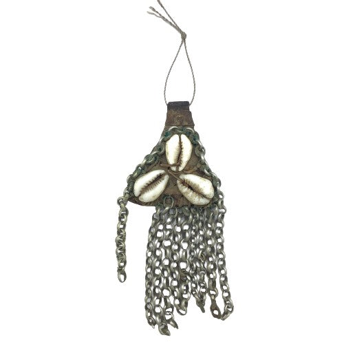 Leather Harratine Gris Gris Protective Amulet, Decorated with Shells and Chain, Morocco - Rita Okrent Collection (P564d)